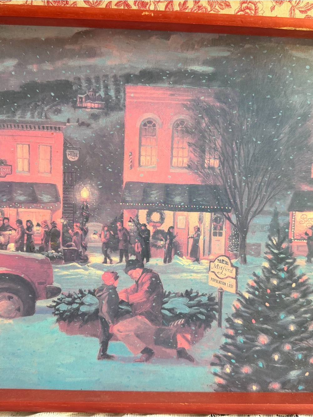 Vintage Hallmark Red Holiday Serving Tray with Vintage Winter Scene - Picture 2 of 6
